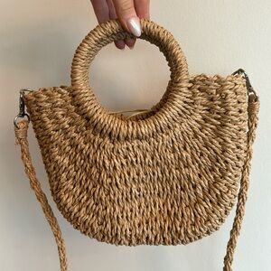 Woven Beach Bag Purse Boho Style With Top Handle and Long Detachable Strap